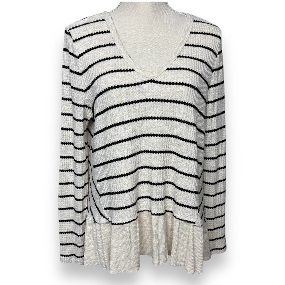 Anthropologie Eri + Ali Top Thermal Cream & Navy Longsleeve Ruffled Peplum Sz XL